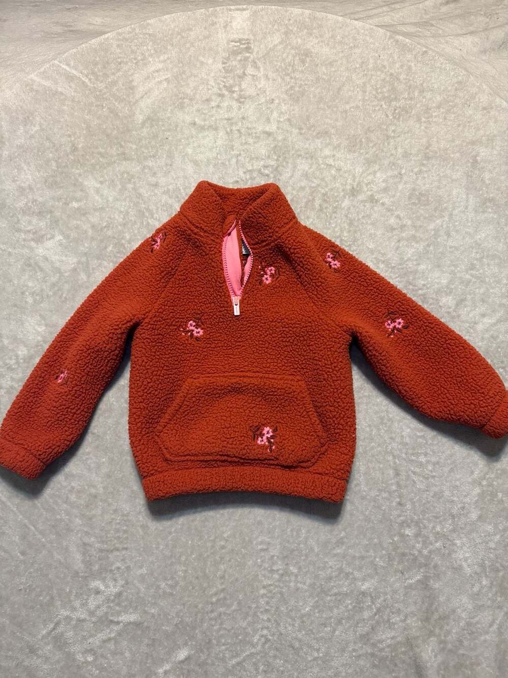 Old Navy Girls Rust Orange Floral Embroidered Half-Zip Sherpa Pullover Size 4T